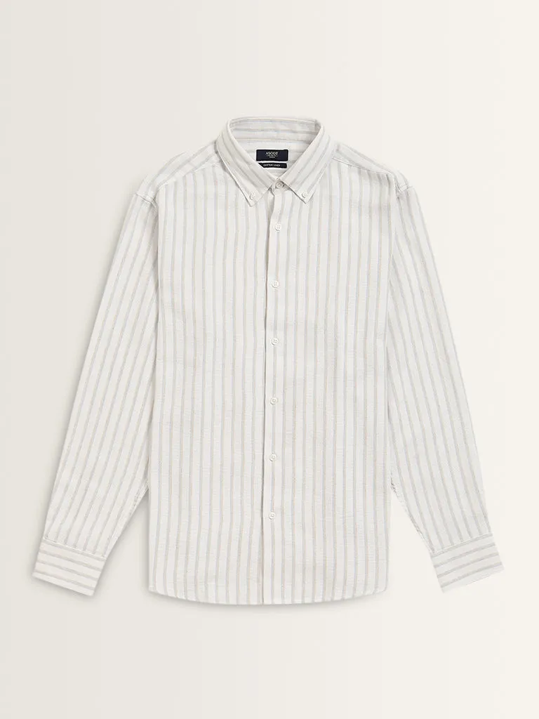 Ascot Off-White Stripe Printed Relaxed-Fit Cotton Blend Shirt