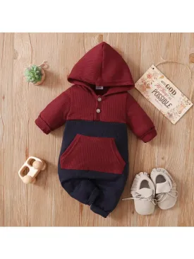 Baby Boy Waffle Colorblock Hooded Jumpsuit