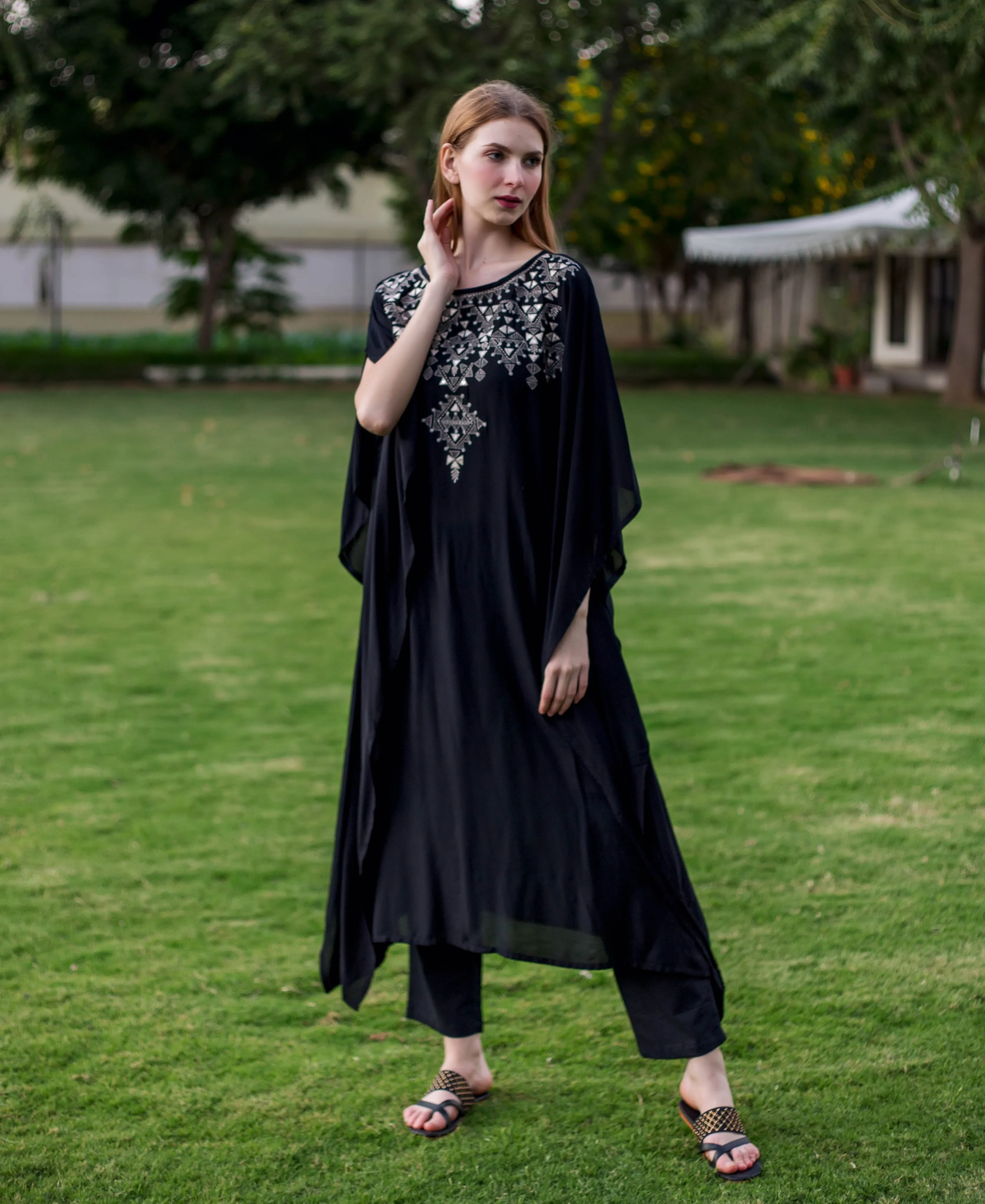 Black Muslin Embroidered Kaftan