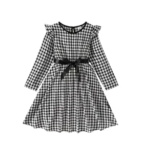 Elegant Black & White Girls Dress Tweed Print