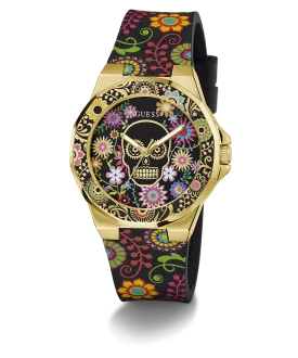 GUESS Womens Day of the Dead Analog Watch - Black and Gold Tone