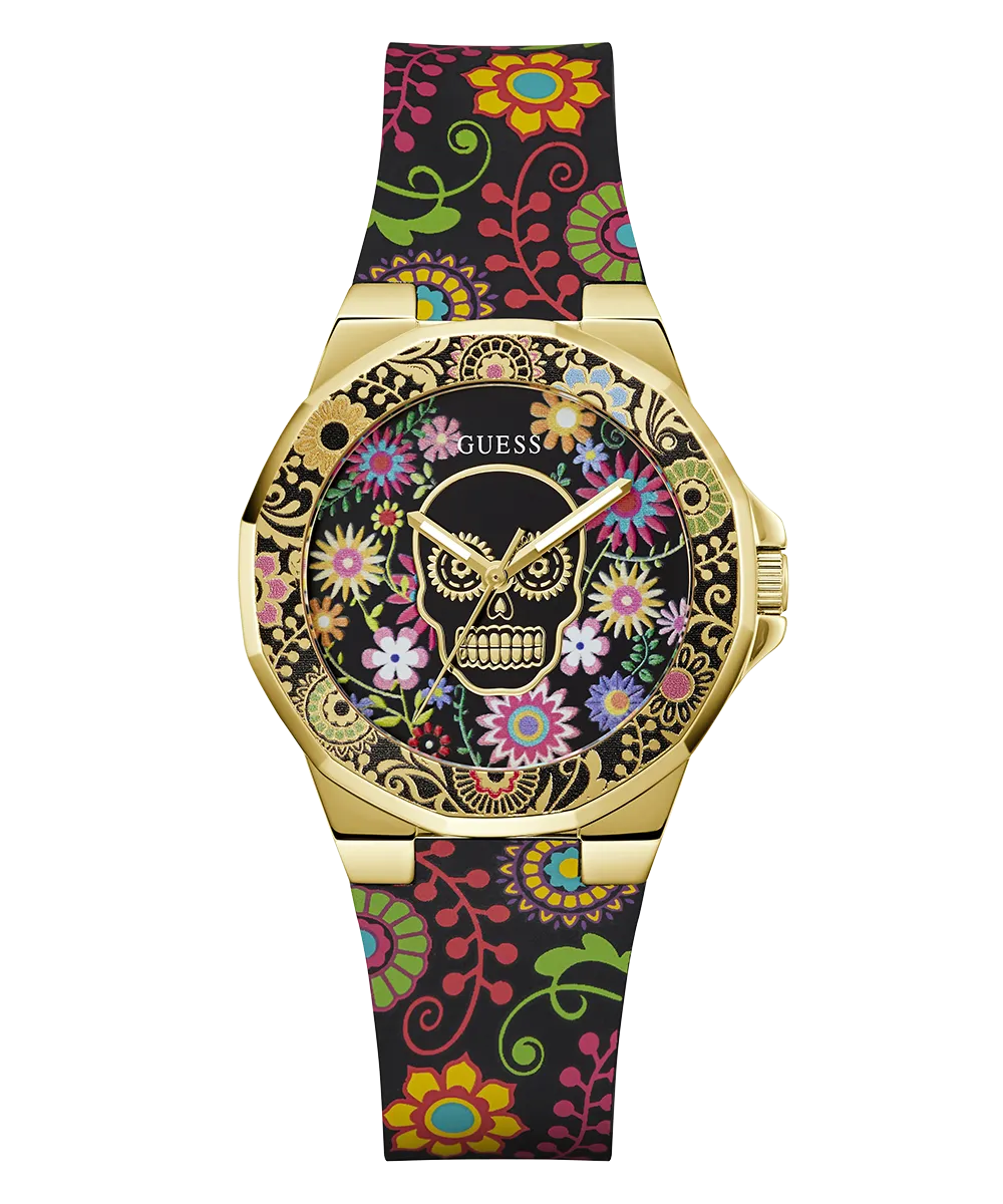 GUESS Womens Day of the Dead Analog Watch - Black and Gold Tone