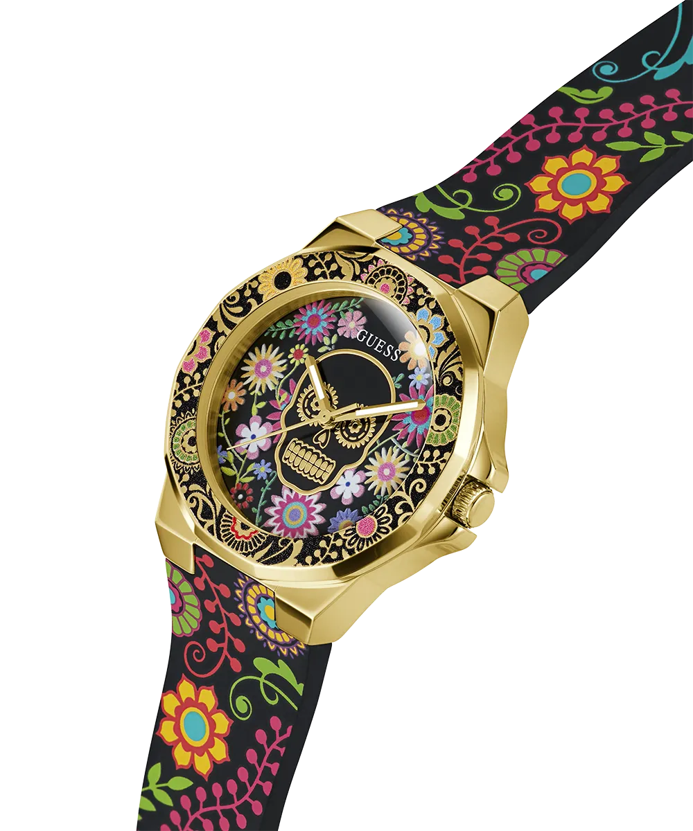 GUESS Womens Day of the Dead Analog Watch - Black and Gold Tone