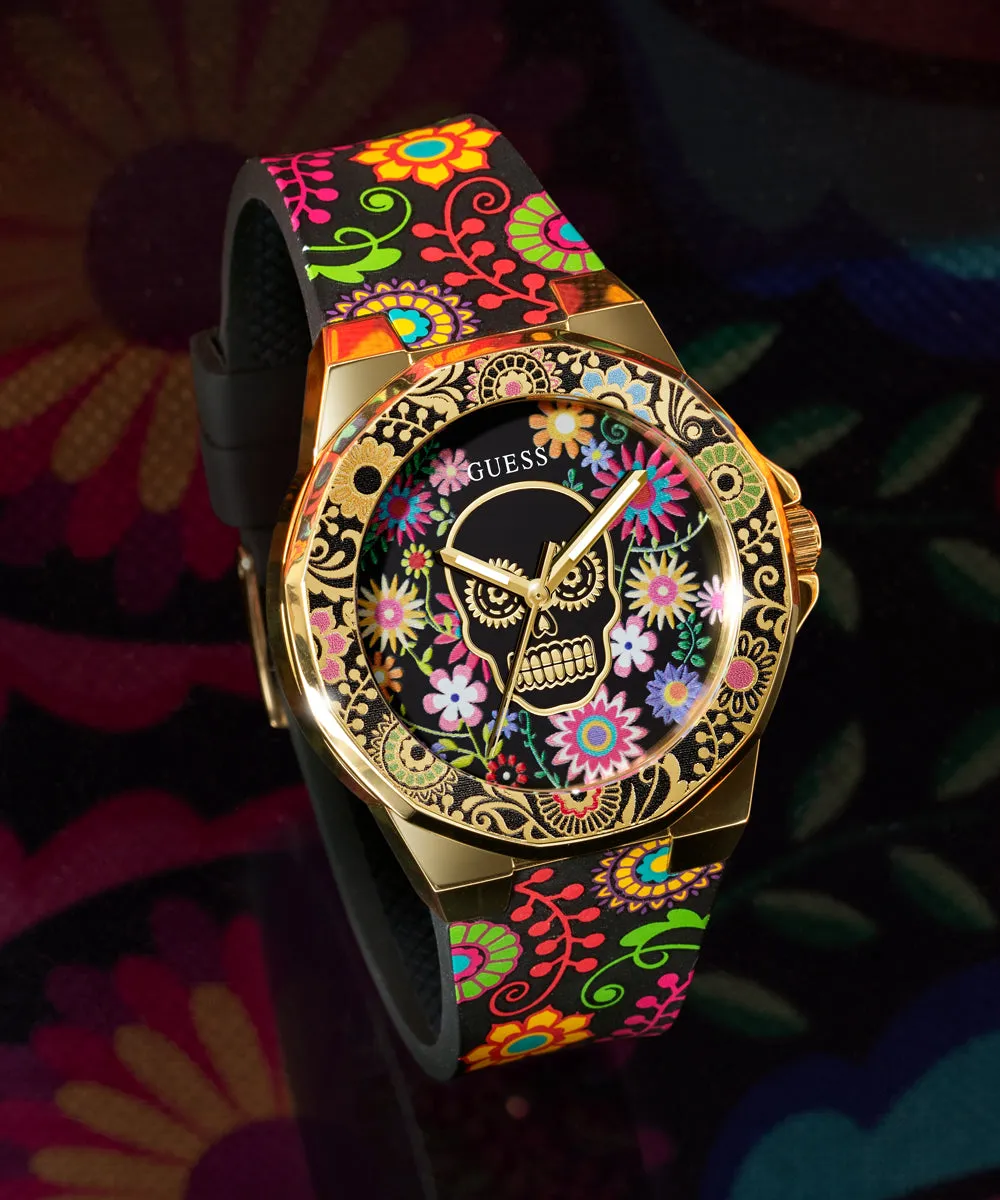 GUESS Womens Day of the Dead Analog Watch - Black and Gold Tone