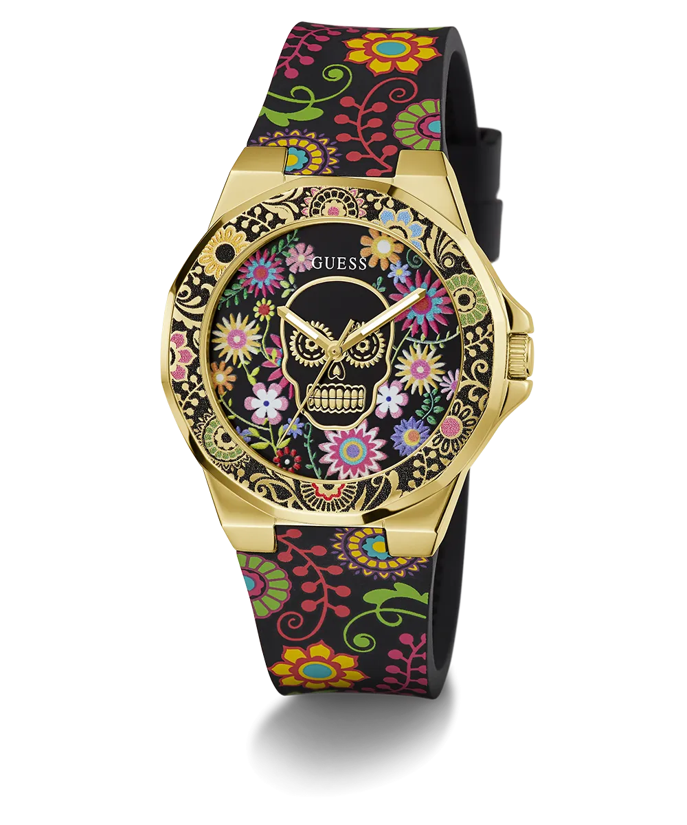 GUESS Womens Day of the Dead Analog Watch - Black and Gold Tone