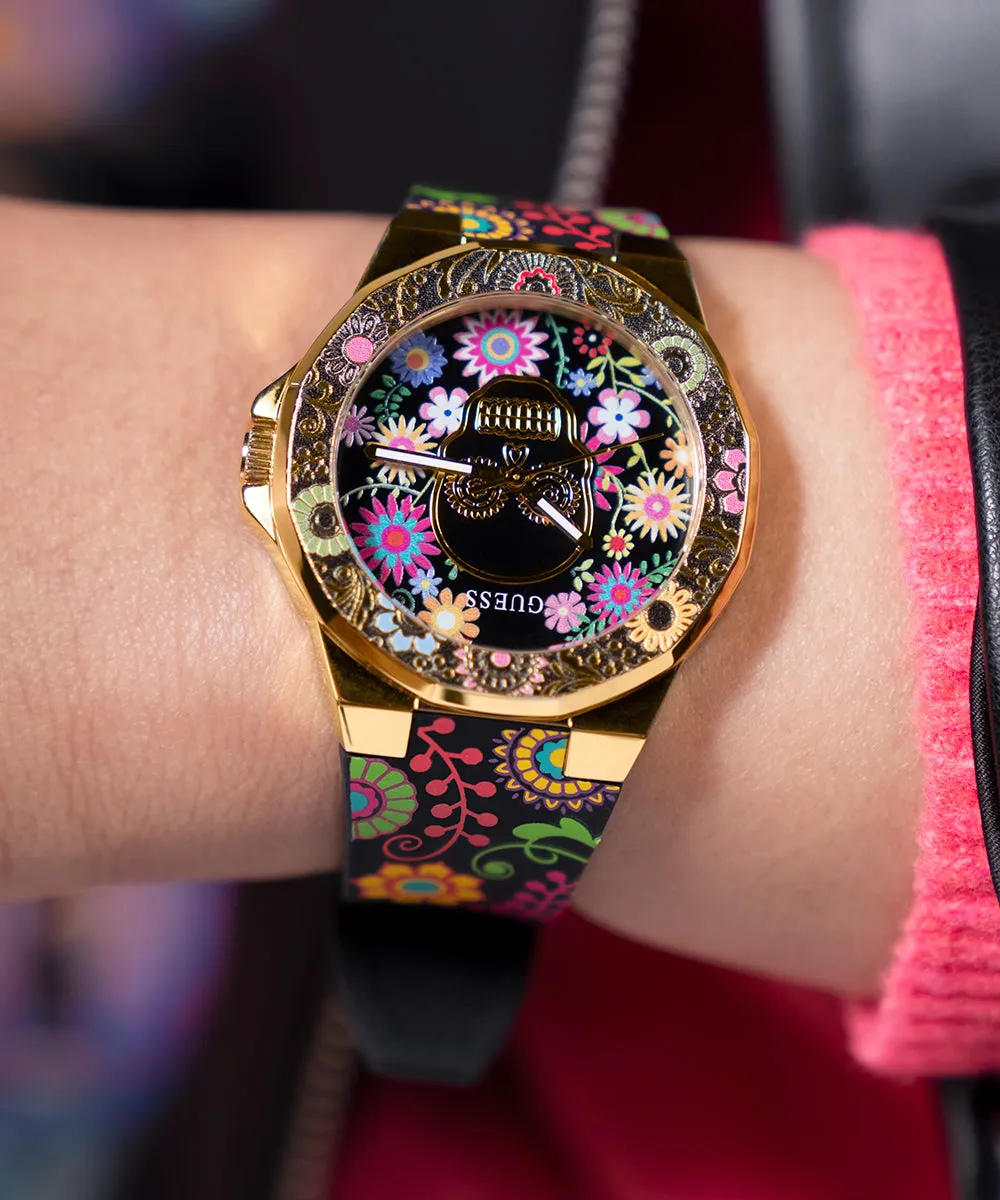 GUESS Womens Day of the Dead Analog Watch - Black and Gold Tone