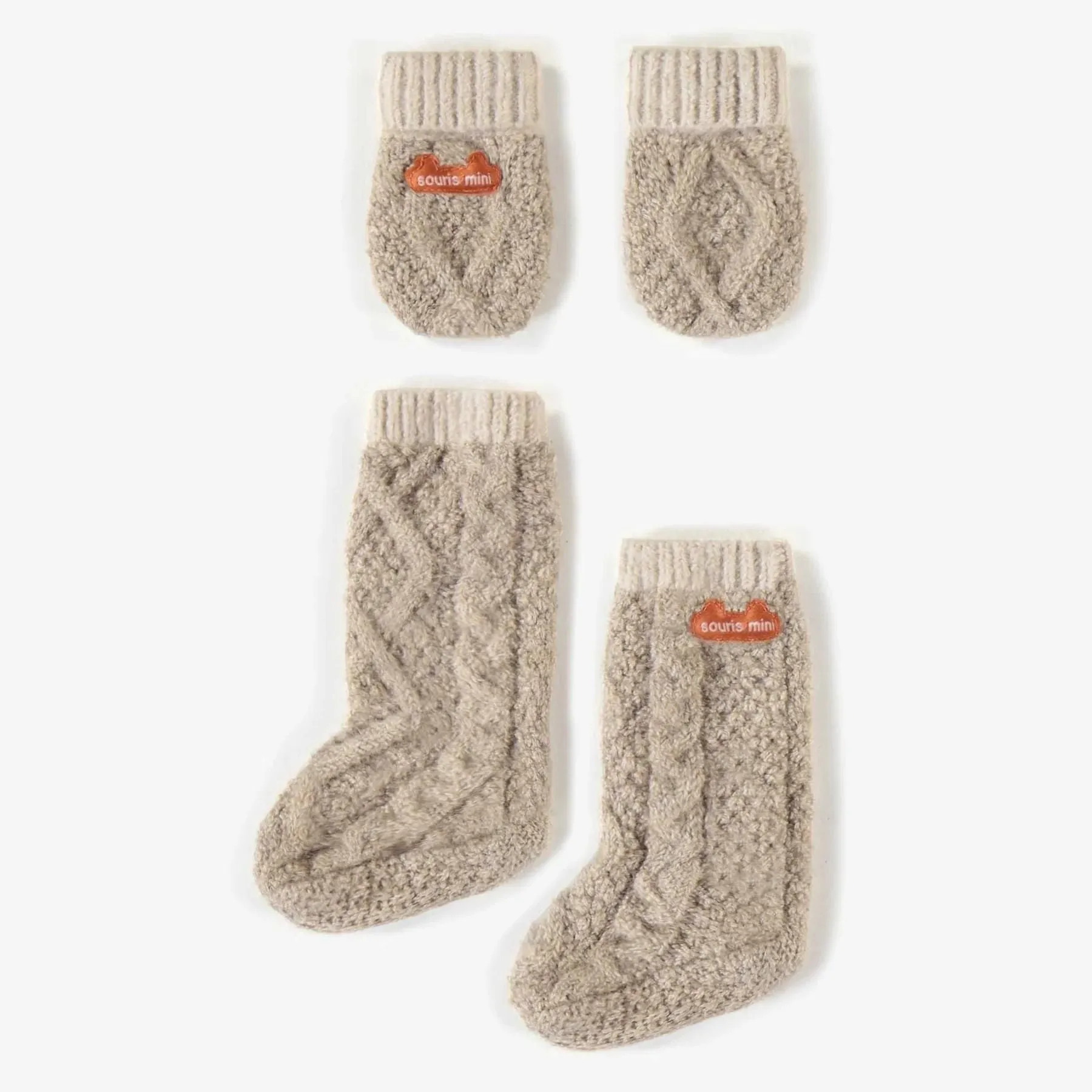 Knitted Slipper  Mitten Set, Cream