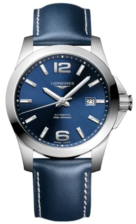 Longines Conquest Automatic Stainless Steel Blue Dial Blue Leather Strap Date Divers Mens Watch L3.777.4.99.0