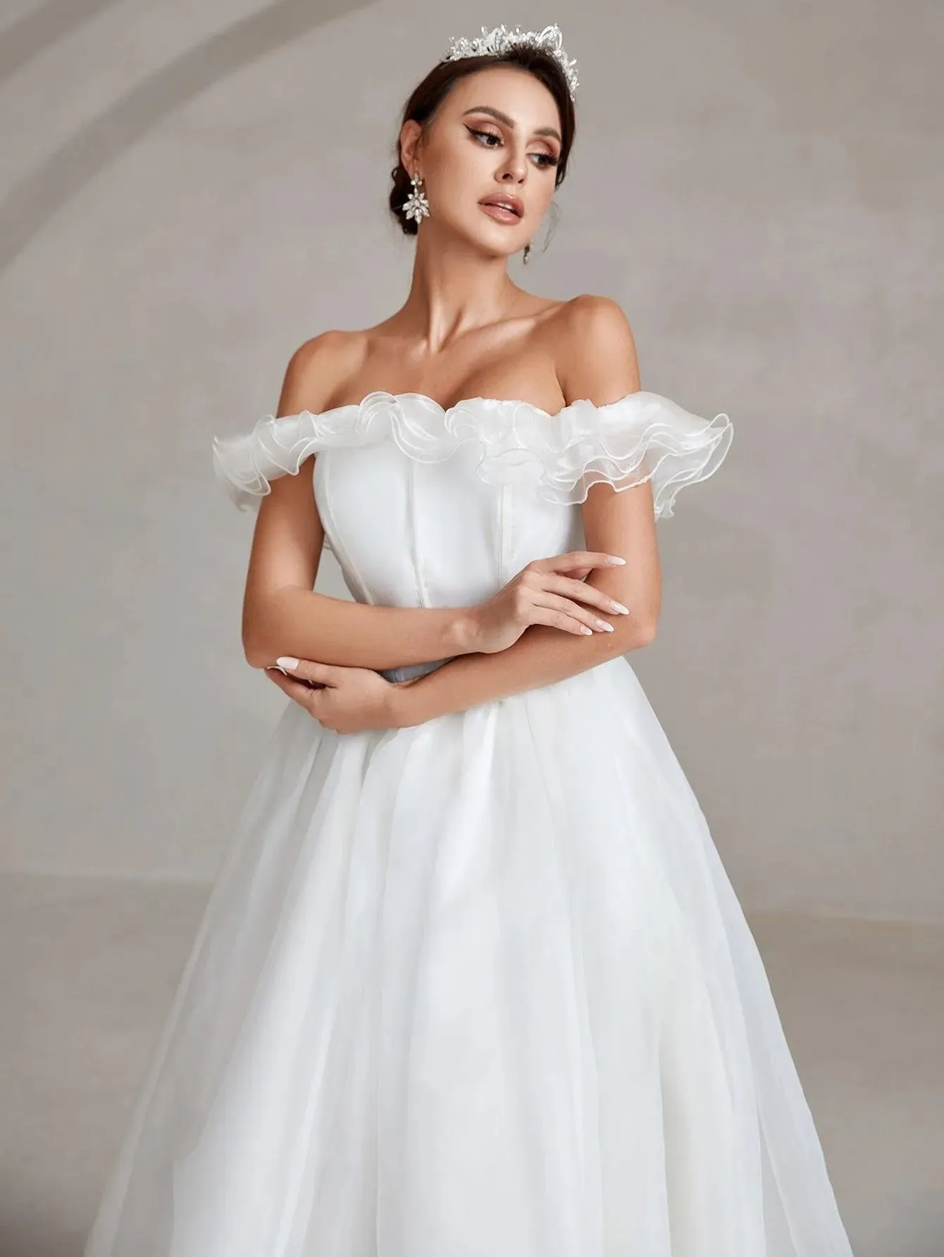 Off Shoulder Satin Bodice Contrast Organza Wedding Dress