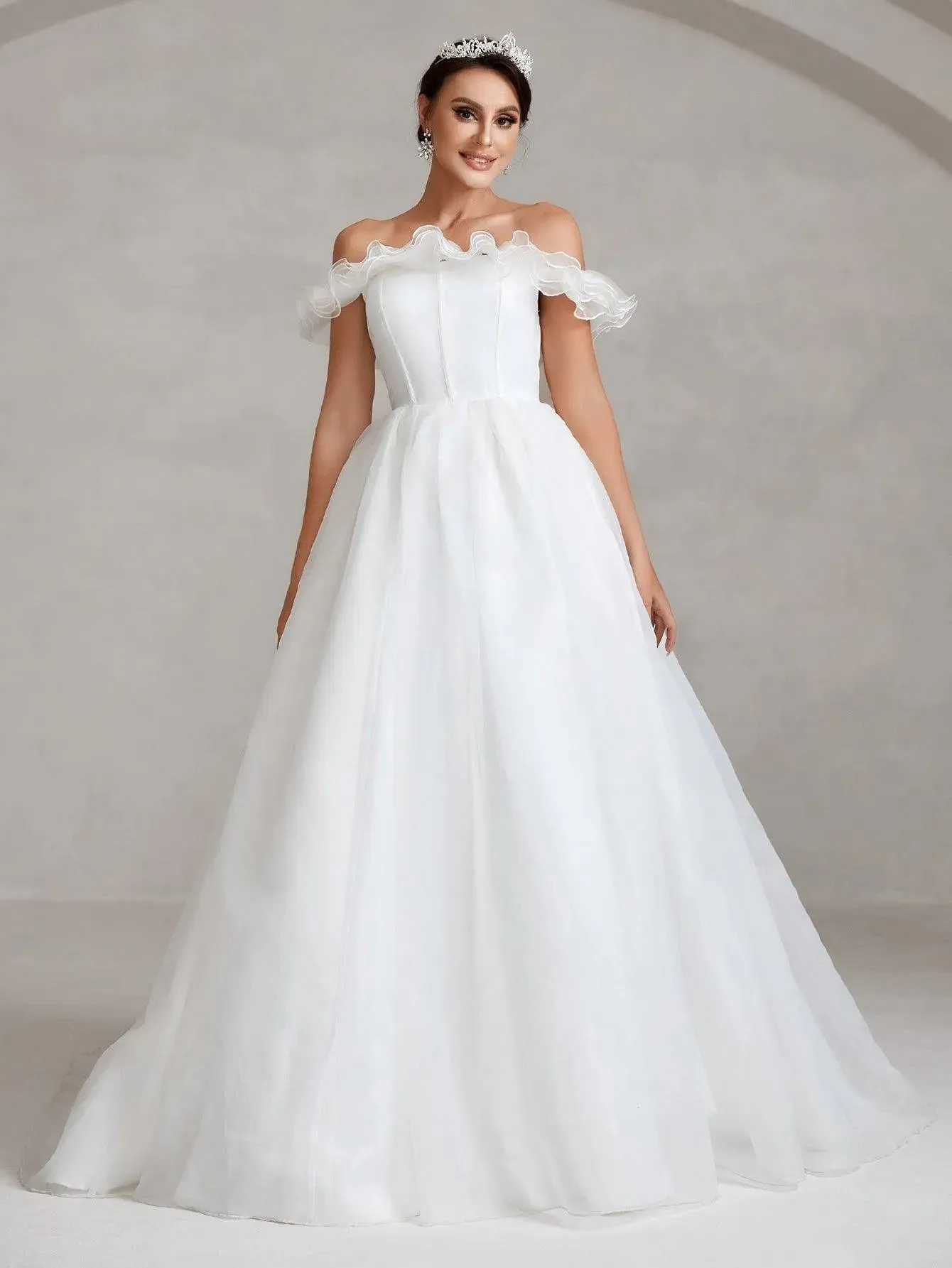 Off Shoulder Satin Bodice Contrast Organza Wedding Dress