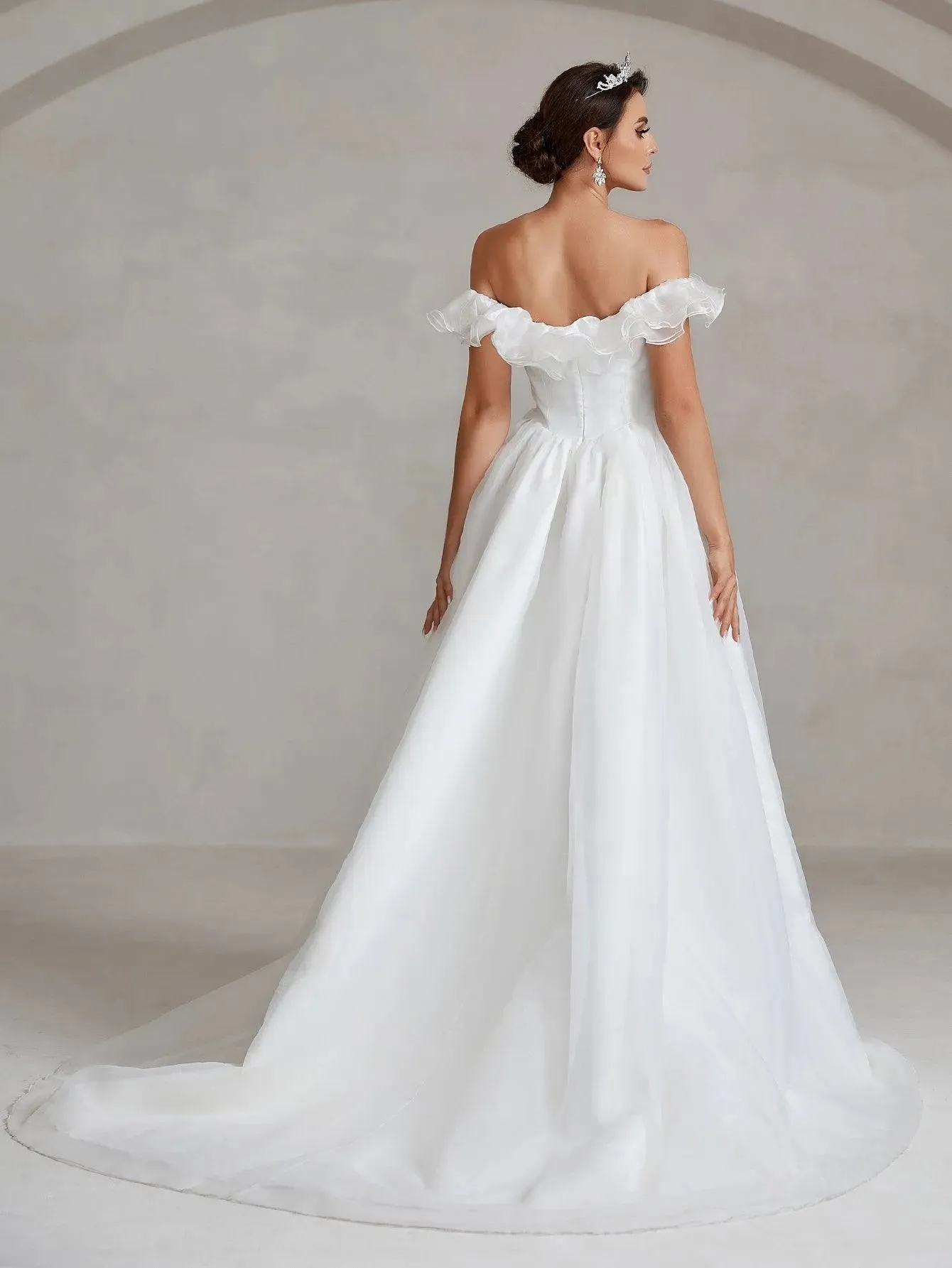 Off Shoulder Satin Bodice Contrast Organza Wedding Dress