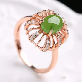 RealJade® "Classic Flower" Rose Gold Plated Sterling Silver Genuine Nephrite Green Jade Ring