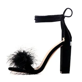 Round Toe Feather Lace-up Suede Chunky Heel Sandals