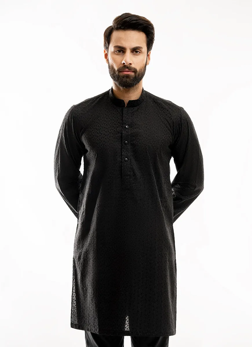 Schiffli Embroidered Black (leaf pattern), 100% Cotton Short Kurta