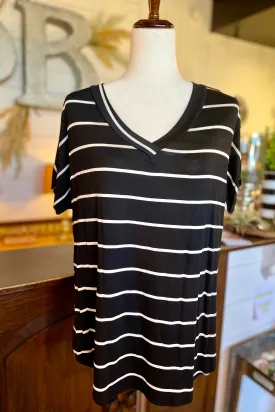 Short Sleeve Striped Loose Fit V-Neck Top- Black